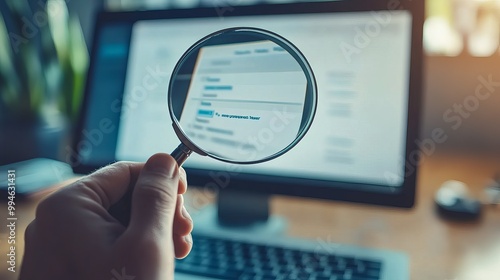 Man holding a magnifying glass with a computer to search for information or find a job Depicts data search technology and search engine optimization representing online research or job