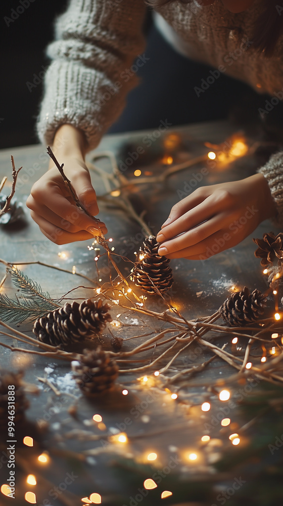 woman's hands making crafts and sustainable decorations for christmas and new year’s celebrations at home with christmas lights