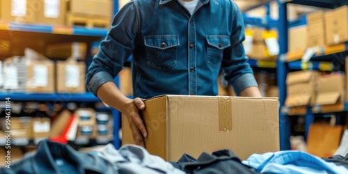 Entrepreneur preparing clothing for export in a delivery box, focusing on retail, e-commerce shipping, and dropshipping in the fashion supply chain