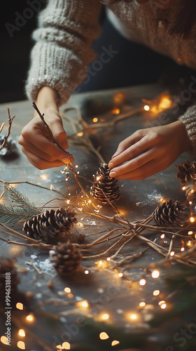 Obraz na płótnie woman's hands making crafts and sustainable decorations for christmas and new year’s celebrations at home with christmas lights w salonie