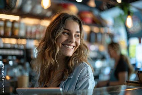 Joyful woman collaborating with her team using a tablet in a small café setting for inventory and planning, showcasing entrepreneurship and teamwork in a retail environment