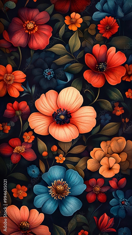 Seamless floral design with bold tropical flowers in vibrant colors wallpaper Seamless floral design with bold tropical flowers in vibrant colors wallpaper