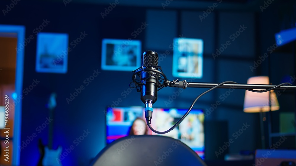 Obraz premium Streaming microphone equipment used to record discussions for internet livestreaming channel, close up. Jib down shot of sound capturing and recording gear in empty living room with neon lights