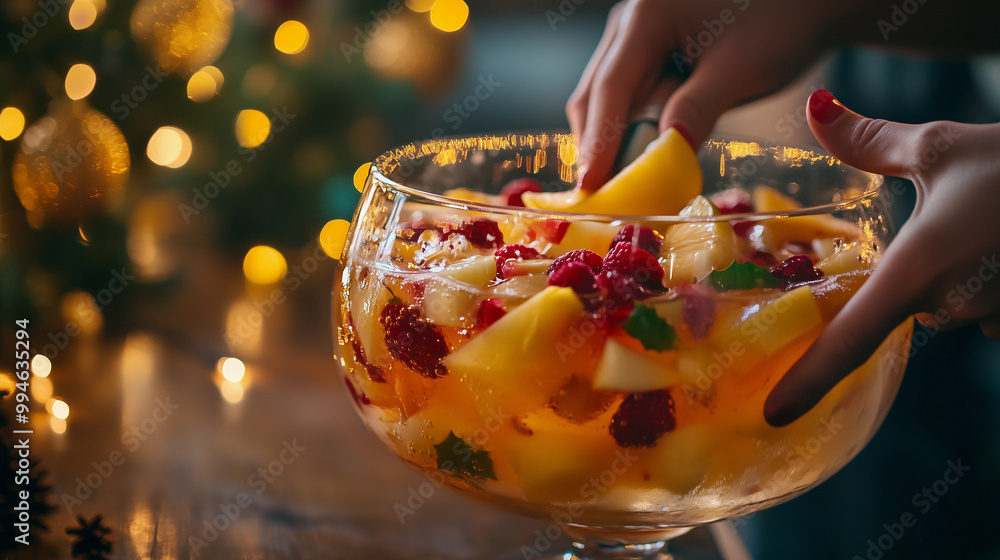 natural dessert container filled with fruit salad and organic juice for a christmas and new year’s dinner