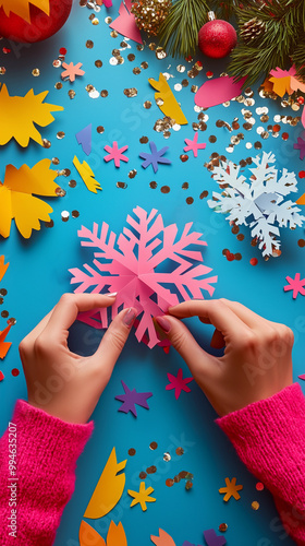 Obraz na płótnie woman’s hands creating art with origami paper stars for sustainable and renewable christmas decorations w salonie