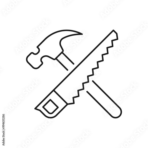 Hand saw and hammer icon line style isolated on white background. Vector illustration