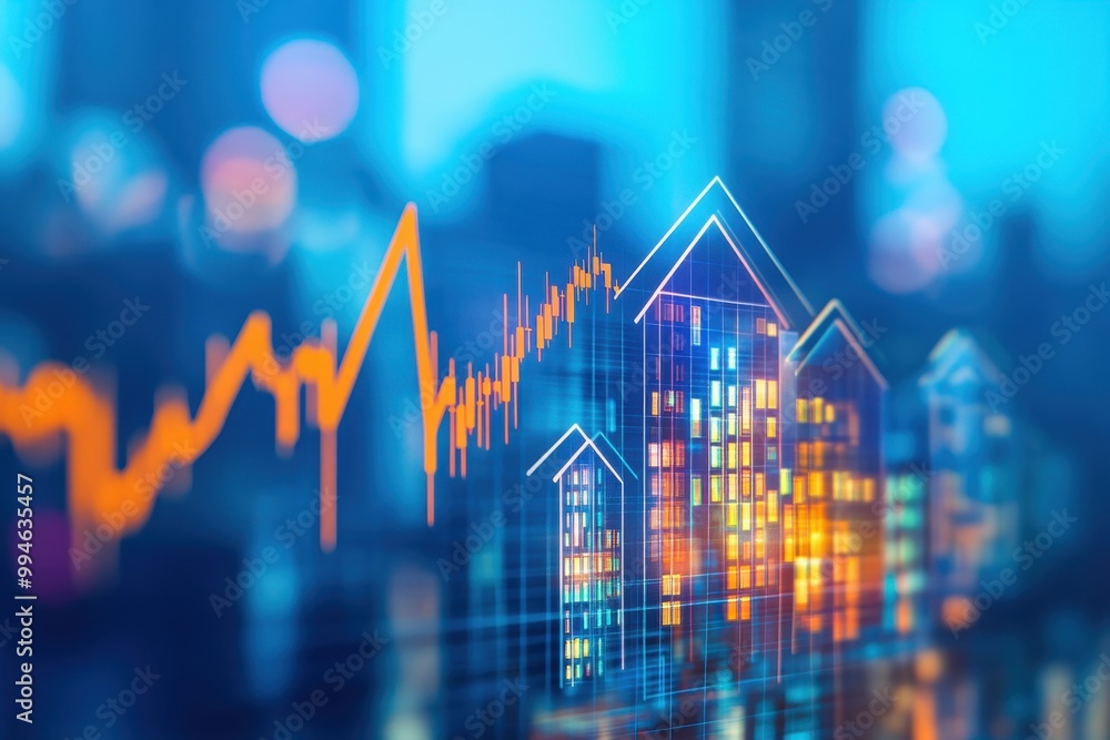a stock market graph going up, with houses on the bar, a rising arrow, and a blue background Generative AI a stock market graph going up, with houses on the bar, a rising arrow, and a blue background Generative AI