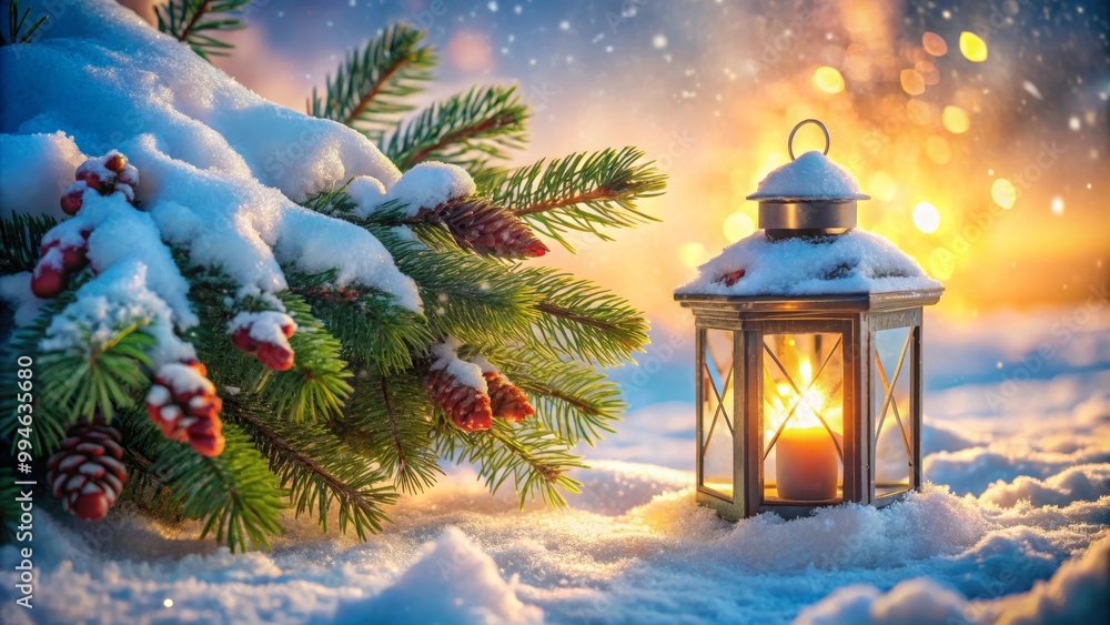 Old lantern is glowing in the snow at sunset with a snow covered pine tree branch Old lantern is glowing in the snow at sunset with a snow covered pine tree branch