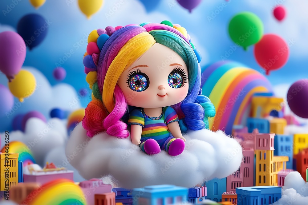 A whimsical doll with bright rainbow-colored hair, sitting on a floating cloud high above a surreal rainbow city. Her large sparkling eyes reflect the colorful buildings and floating balloons A whimsical doll with bright rainbow-colored hair, sitting on a floating cloud high above a surreal rainbow city. Her large sparkling eyes reflect the colorful buildings and floating balloons