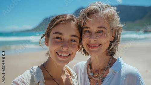 Daughter enjoying time at the beach with her mother during a vacation, sharing smiles and embraces while relaxing by the ocean on a sunny getaway