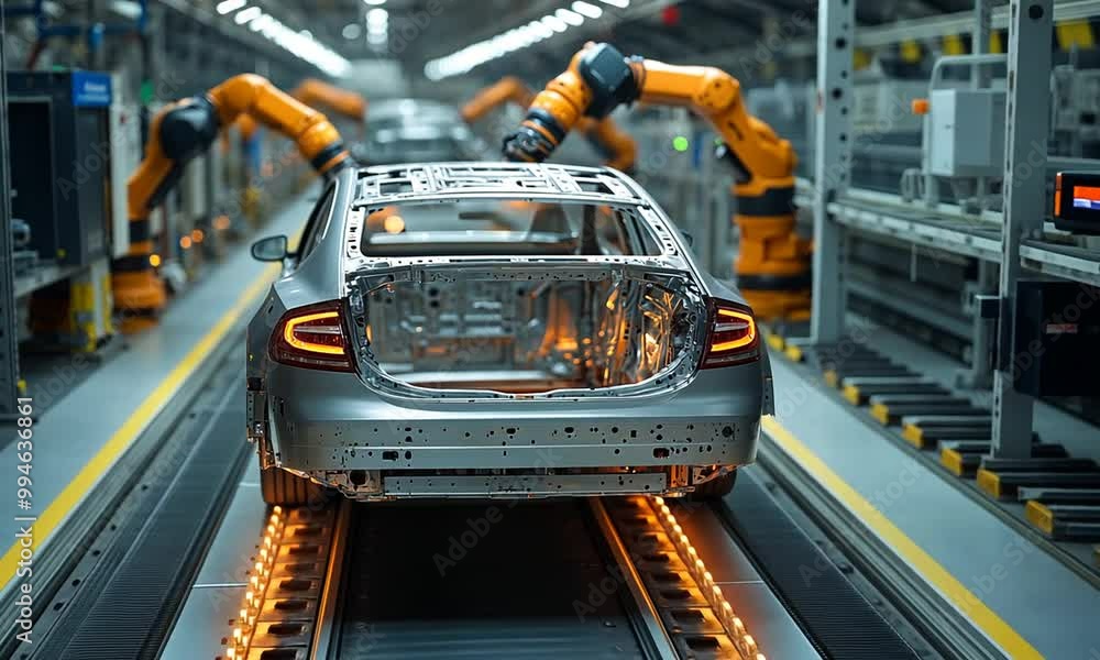 Automated assembly line with robotic arms and a car chassis. Automated assembly line with robotic arms and a car chassis.