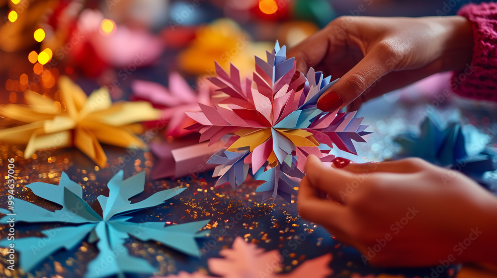 woman’s hands creating art with origami paper stars for sustainable and renewable christmas decorations