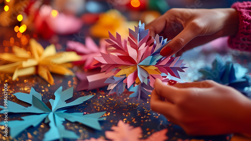 Obraz na płótnie woman’s hands creating art with origami paper stars for sustainable and renewable christmas decorations w salonie