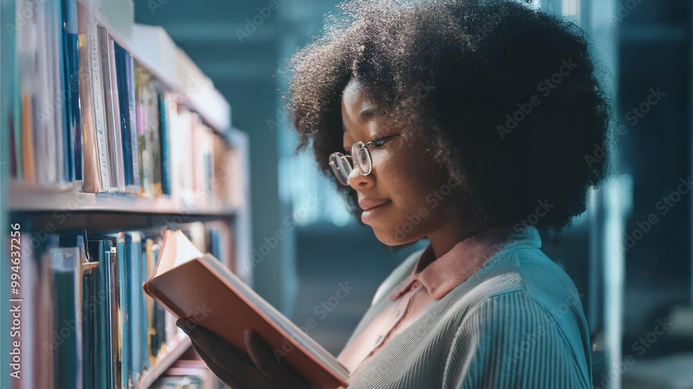 Side profile of a young black african american female school student reading educational book in college library, cinematographic Side profile of a young black african american female school student reading educational book in college library, cinematographic