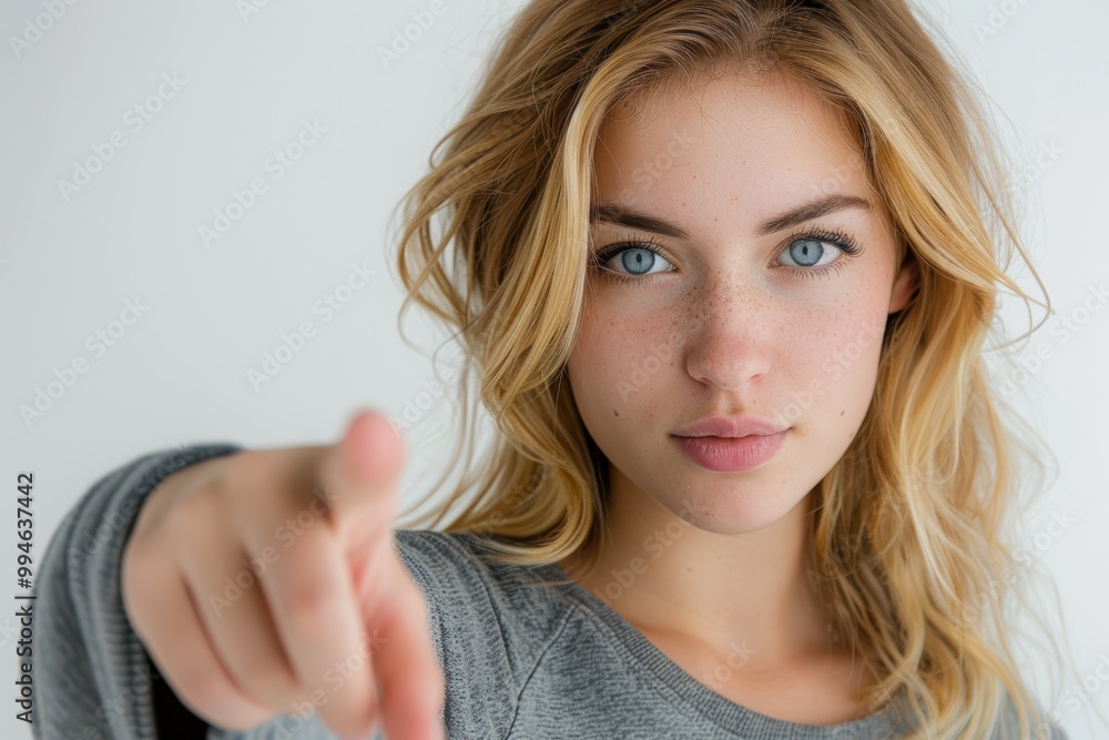 Playful portrait of a woman pointing with a goofy expression against a blank wall, showcasing confidence and humor through hand gestures Playful portrait of a woman pointing with a goofy expression against a blank wall, showcasing confidence and humor through hand gestures