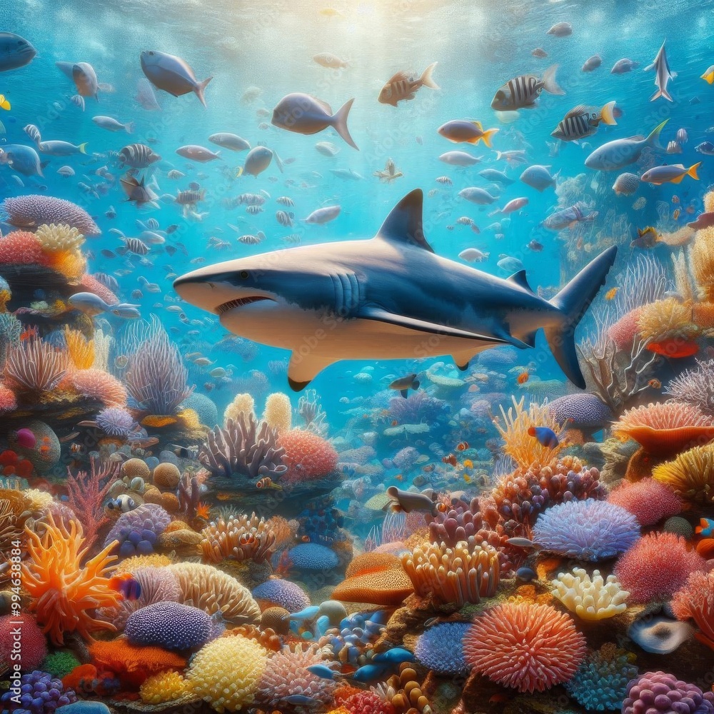 Fototapeta premium Shark swimming close to a colorful reef, clear blue water. The concept of travel 