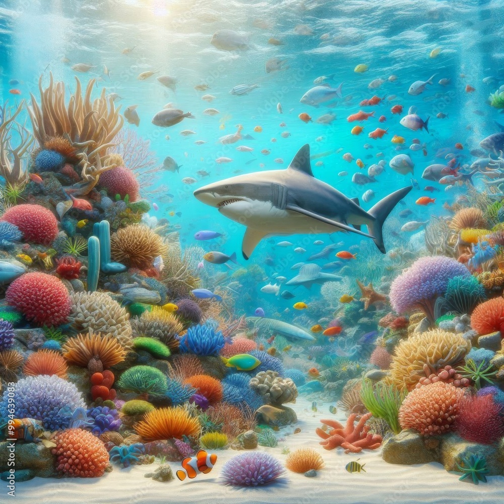 Fototapeta premium Shark swimming close to a colorful reef, clear blue water. The concept of travel 