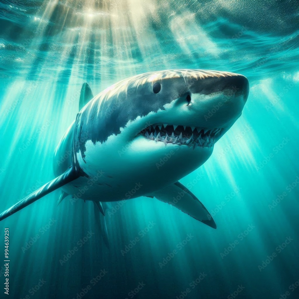 Fototapeta premium Great White Shark swimming under sun rays in the blue ocean. Travel, sea holidays