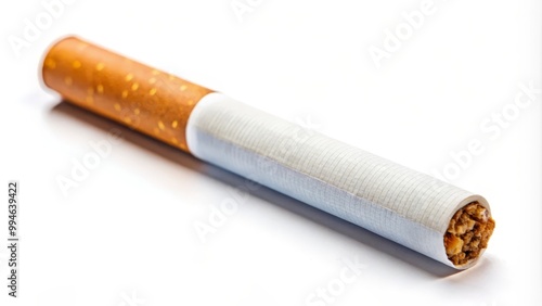 Single cigarette is lying on a white background, representing concepts of addiction and health risks