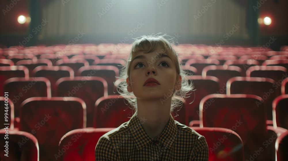 Young blonde woman in empty theater, gazing upward. Atmospheric shot of blonde actress or spectator in checkered shirt, surrounded by red empty seats. Cinematic and introspective scene. Young blonde woman in empty theater, gazing upward. Atmospheric shot of blonde actress or spectator in checkered shirt, surrounded by red empty seats. Cinematic and introspective scene.