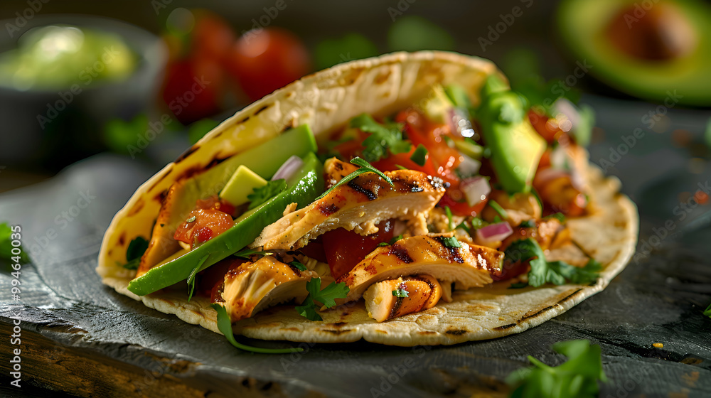 A street taco with grilled chicken and avocado, captured using an ultra HD camera with a ring light for even illumination A street taco with grilled chicken and avocado, captured using an ultra HD camera with a ring light for even illumination