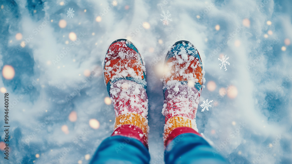 feet in vibrant colored boots in the snow during winter vacations, emphasizing companionship and adventure in nature