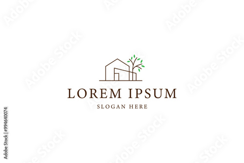 house logo with tree in minimalist linear vector design