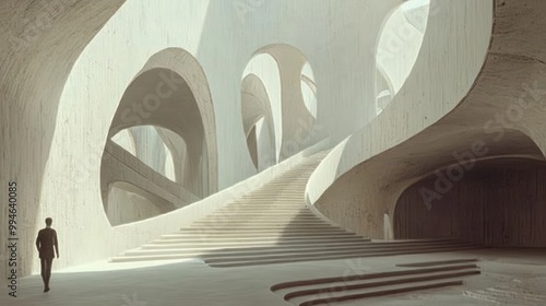 Modern Architecture with Man Walking Up Stairs