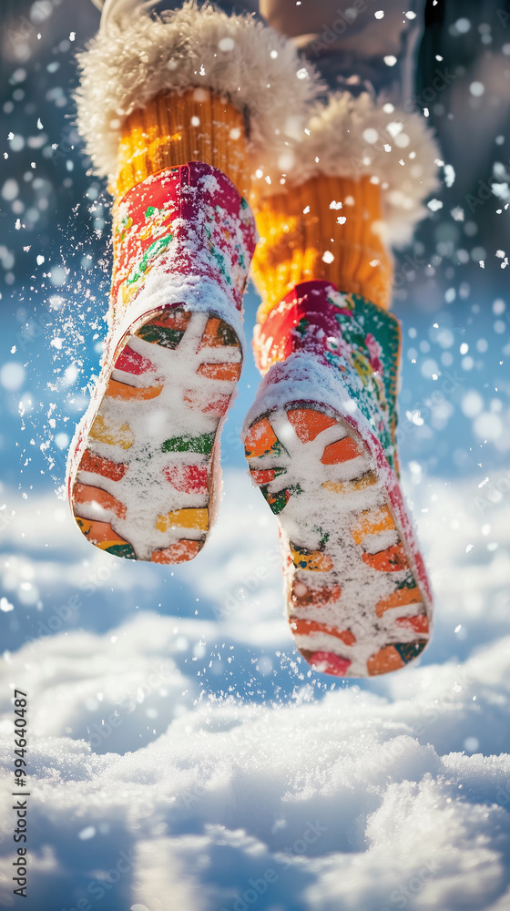 feet in vibrant colored boots in the snow during winter vacations, emphasizing companionship and adventure in nature
