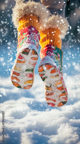 Obraz na płótnie feet in vibrant colored boots in the snow during winter vacations, emphasizing companionship and adventure in nature w salonie