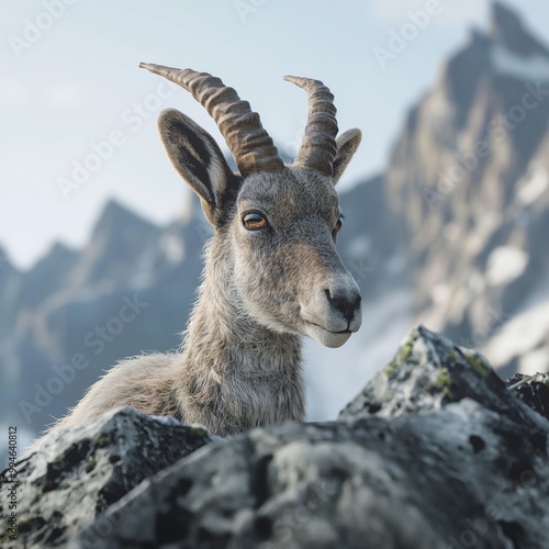 A photo of an alpine ibex alone, surrounded by mountainous terrain and vast landscapes.