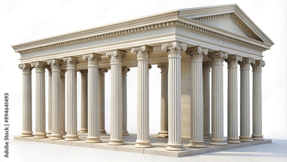 Classical greek temple building with ionic order columns on white background representing ancient greek architecture Classical greek temple building with ionic order columns on white background representing ancient greek architecture