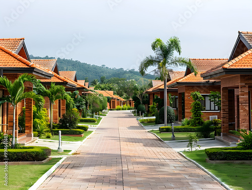 Lined up rows of modern holiday villas in a picturesque resort community under clear skies.