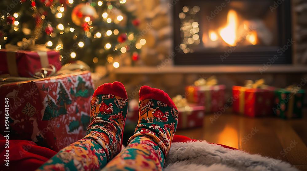 child's legs in red christmas stockings in a living room with a fireplace, gifts, and decorations celebrating christmas during childhood