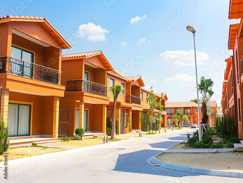 Uniform rows of brightly colored holiday villas in a resort complex, perfectly manicured landscaping.