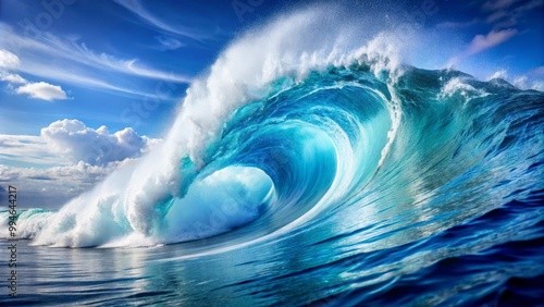 Fototapeta Naklejka Na Ścianę i Meble -  Giant ocean wave breaking under blue sky with sun