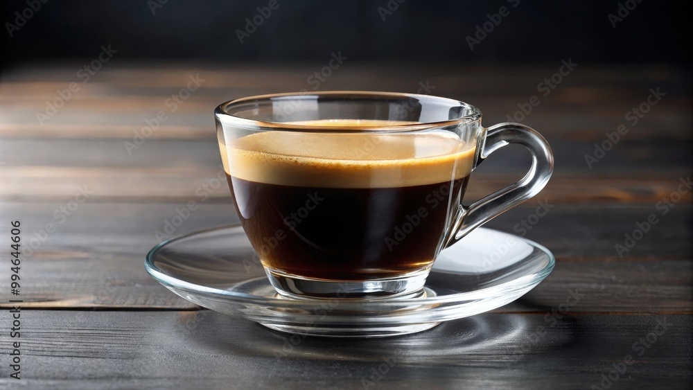 Cup of coffee espresso is standing on a glass table, creating reflections Cup of coffee espresso is standing on a glass table, creating reflections