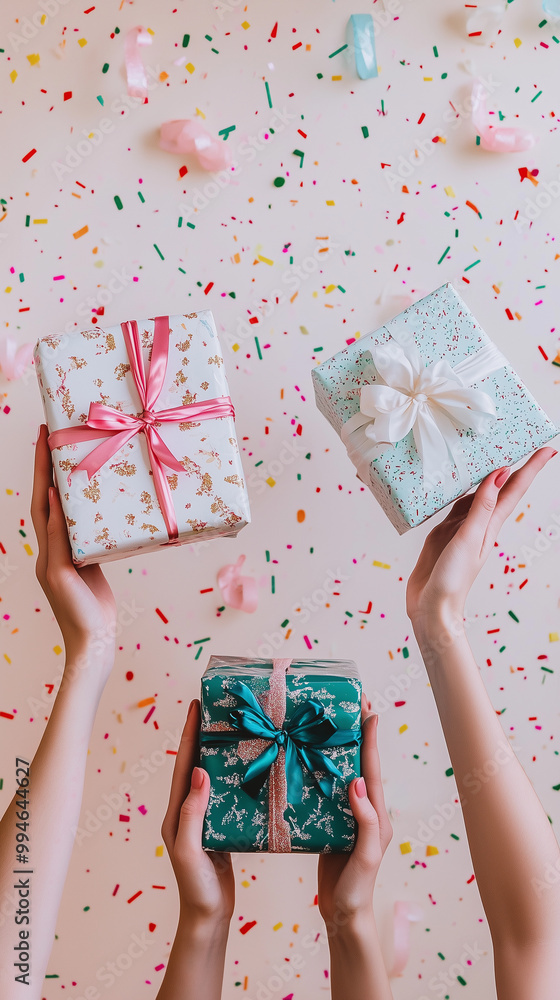 hands holding a gift in pastel colors and pink during the christmas season, emphasizing shopping and discounts