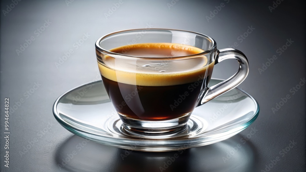 Cup of coffee espresso is standing on a glass table, creating reflections Cup of coffee espresso is standing on a glass table, creating reflections