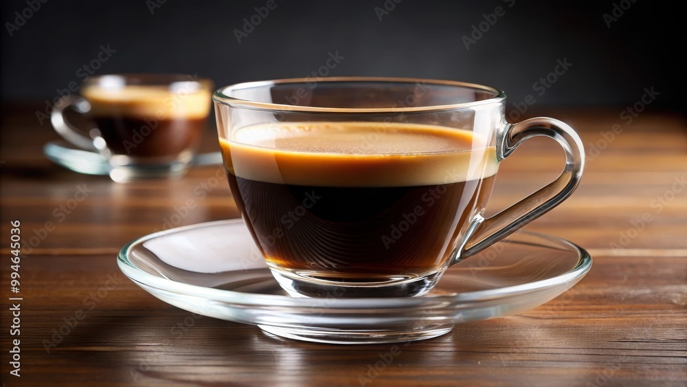 Cup of coffee espresso is standing on a glass table, creating reflections Cup of coffee espresso is standing on a glass table, creating reflections