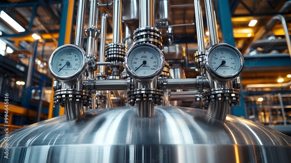 Fototapeta premium Detailed view of an industrial tank made of stainless steel, featuring a web of interconnected pipes and pressure gauges, set against a modern factory backdrop