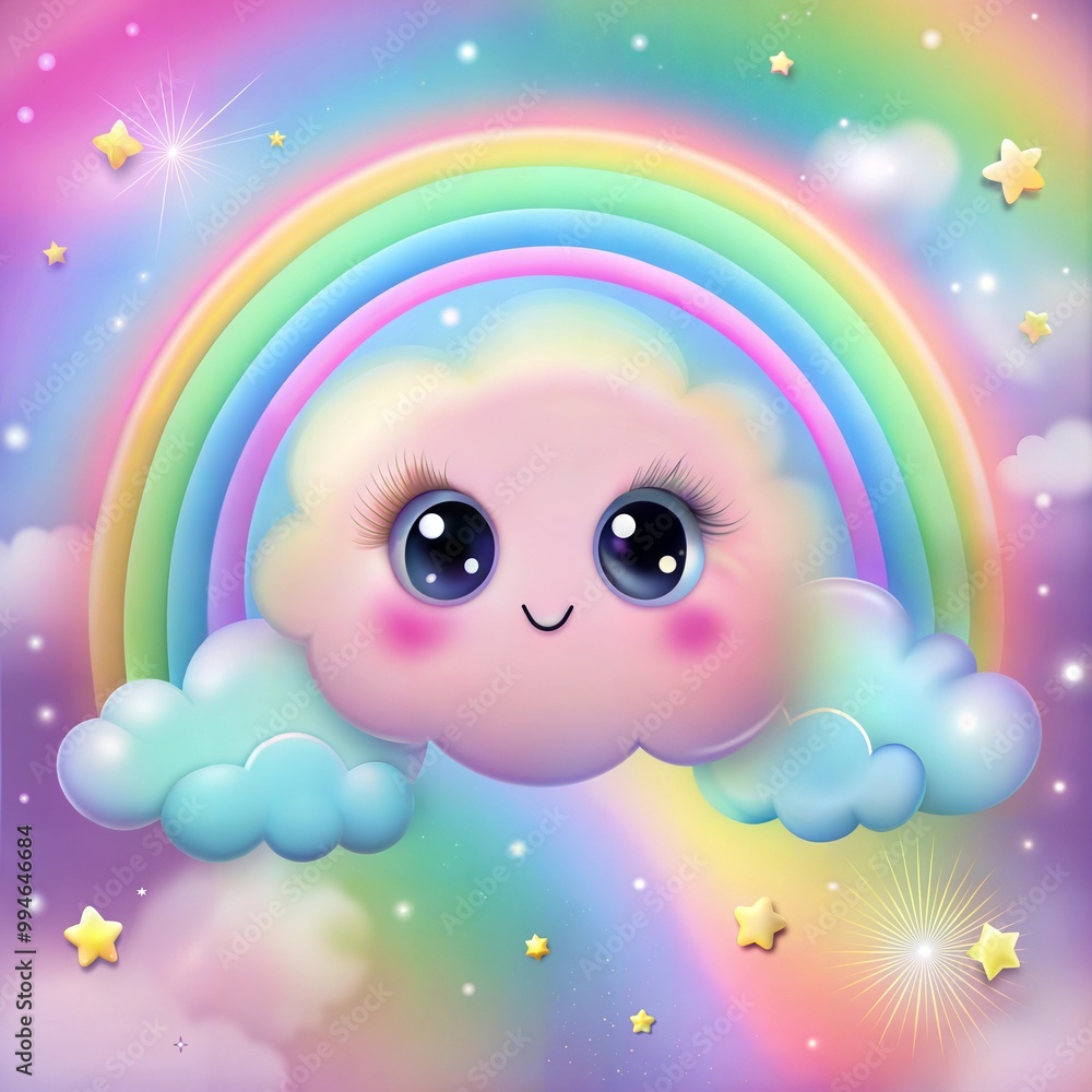 Cute Smiling Cloud with Big Eyes and Rainbow in a Colorful Fantasy Sky Cute Smiling Cloud with Big Eyes and Rainbow in a Colorful Fantasy Sky