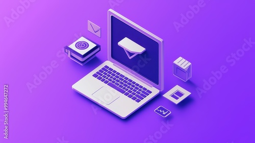 Modern laptop with digital icons and purple background, showcasing technology and communication.