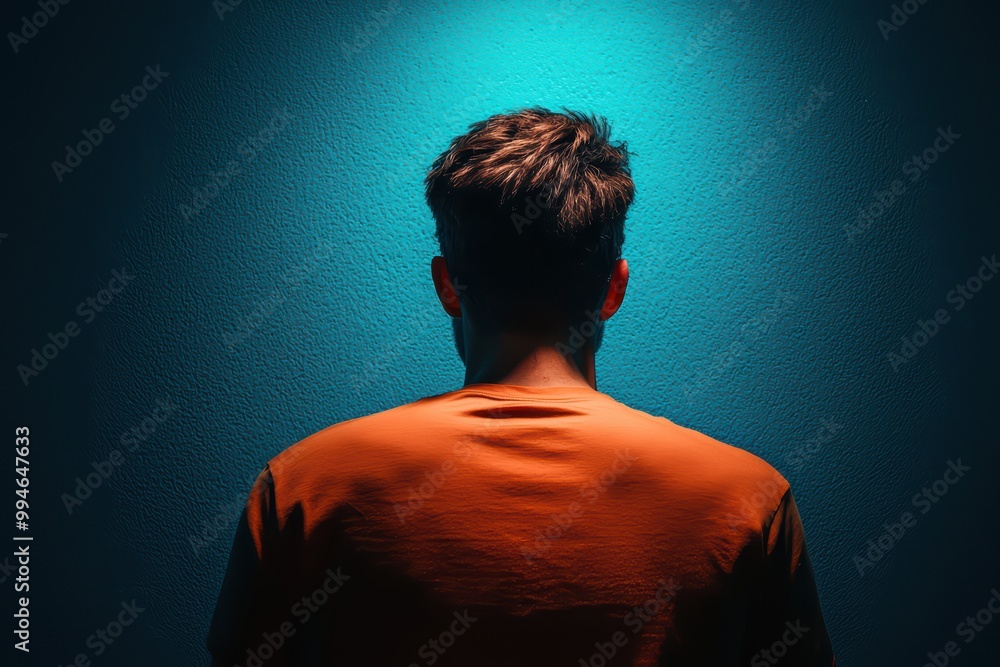 Portrait of a man in an orange shirt, viewed from behind against a blue background. Portrait of a man in an orange shirt, viewed from behind against a blue background.