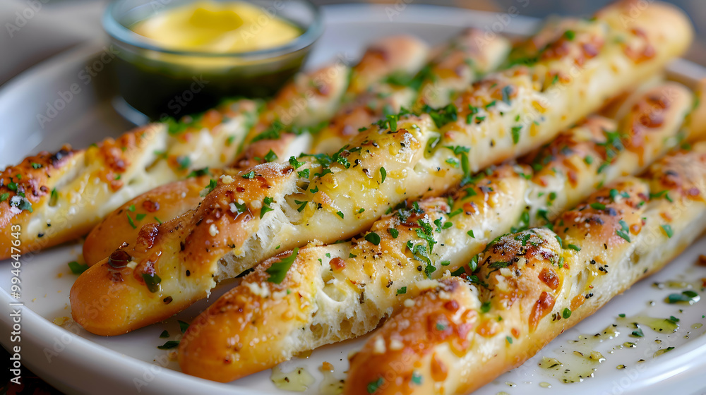 Breadsticks served with a side of garlic butter, captured using an ultra HD camera with a ring light for even illumination Breadsticks served with a side of garlic butter, captured using an ultra HD camera with a ring light for even illumination