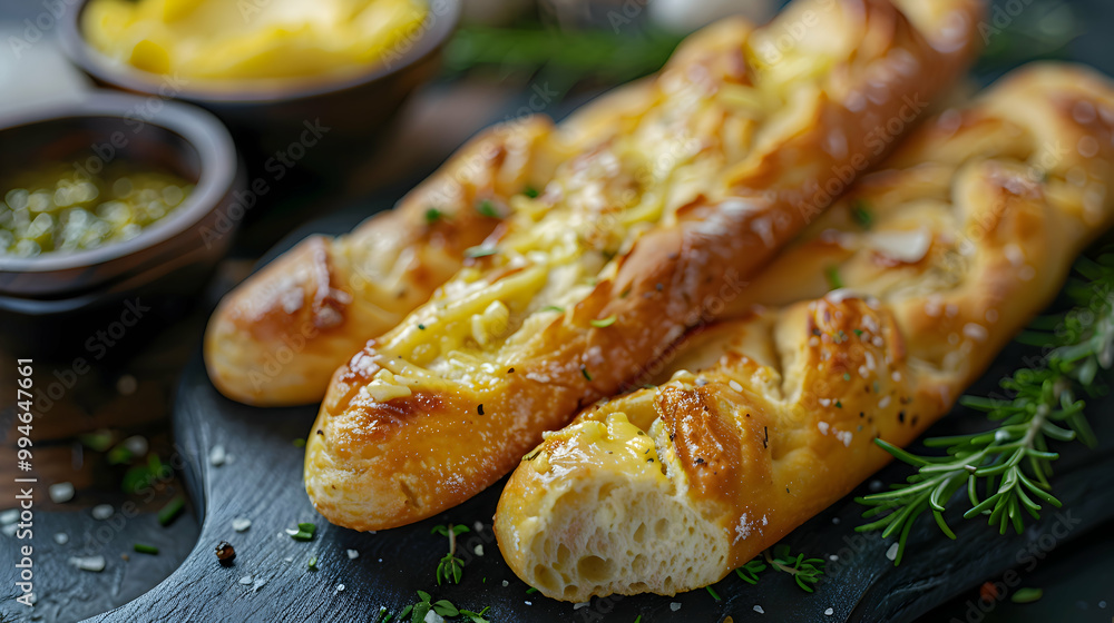 Breadsticks served with a side of garlic butter, captured using an ultra HD camera with a ring light for even illumination Breadsticks served with a side of garlic butter, captured using an ultra HD camera with a ring light for even illumination