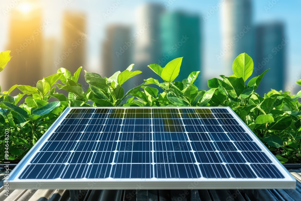 Fototapeta premium Solar panel installed on rooftop with greenery and city skyline in the background during sunny day.