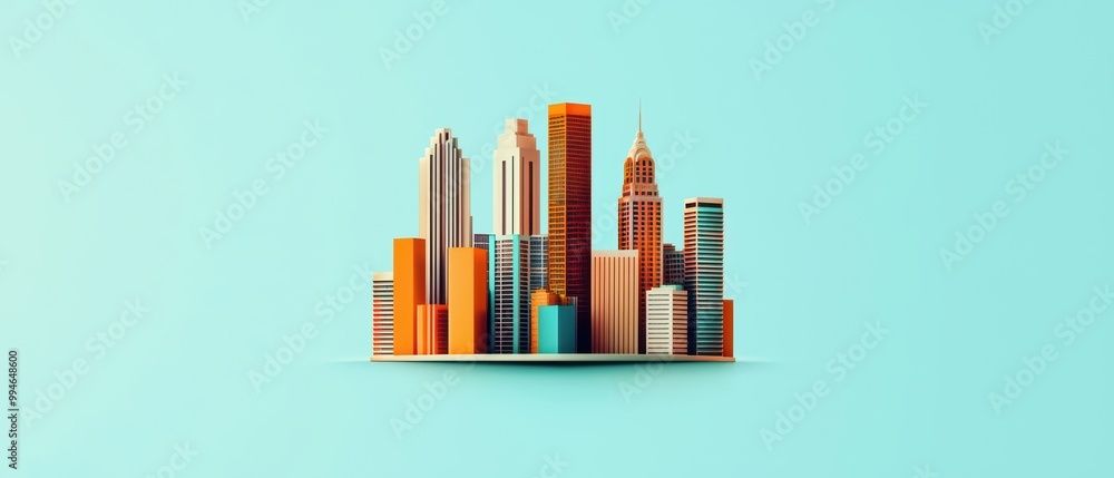 Stylized city skyline with colorful buildings on a light blue background. Stylized city skyline with colorful buildings on a light blue background.