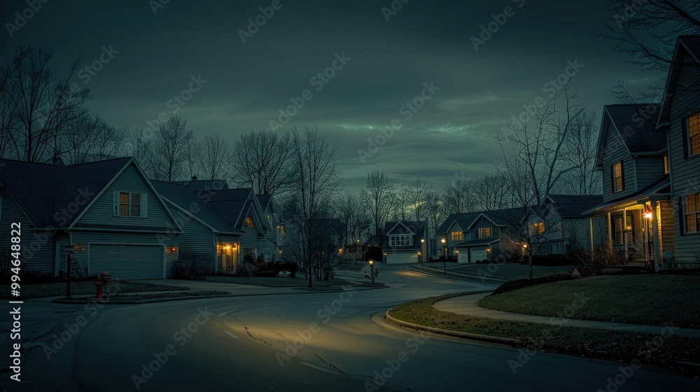 Suburban night view: Curved street, soft glow, tranquil homes
Suburban night view: Curved street, soft glow, tranquil homes
