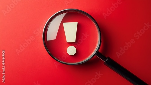 View through a magnifying glass on an exclamation mark over a red background An attentiongrabbing image that represents warnings or caution ideal for safety or alert themes